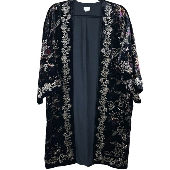 Chico’s Black Crushed Velvet Jewel-Toned Floral Imprinted Oversized Boho Kimono - Picture 1 of 14